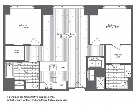 Floor plan for 2 beds, 2 baths, 1076 sqft